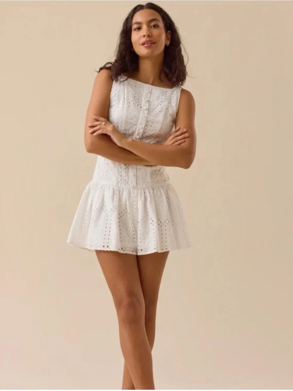 Altar’d State Eyelet Lace Sleeveless White Button Romper Womens Large